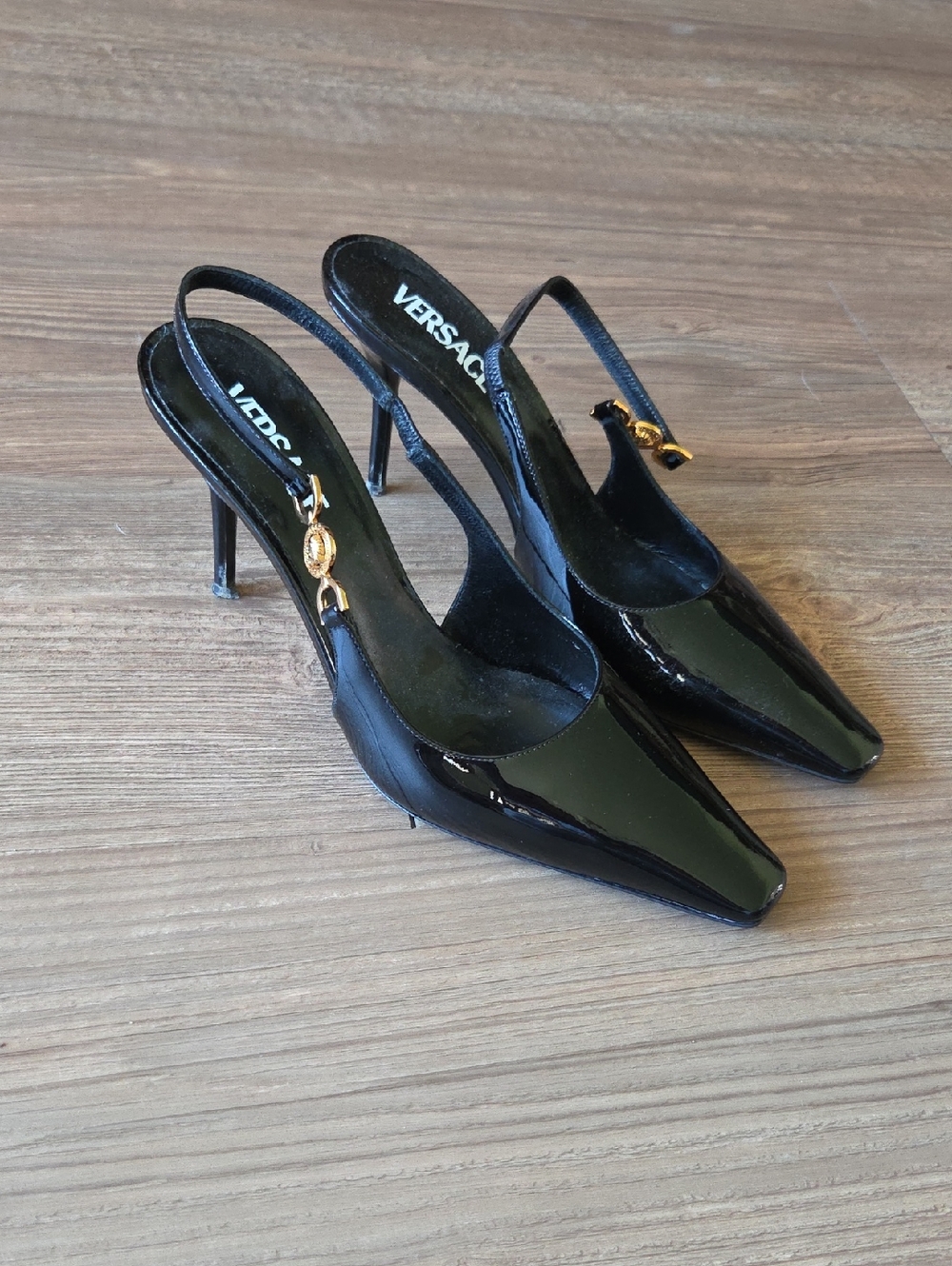 Versace Medusa 95 Slingback Black Patent Leather Slingback Pumps